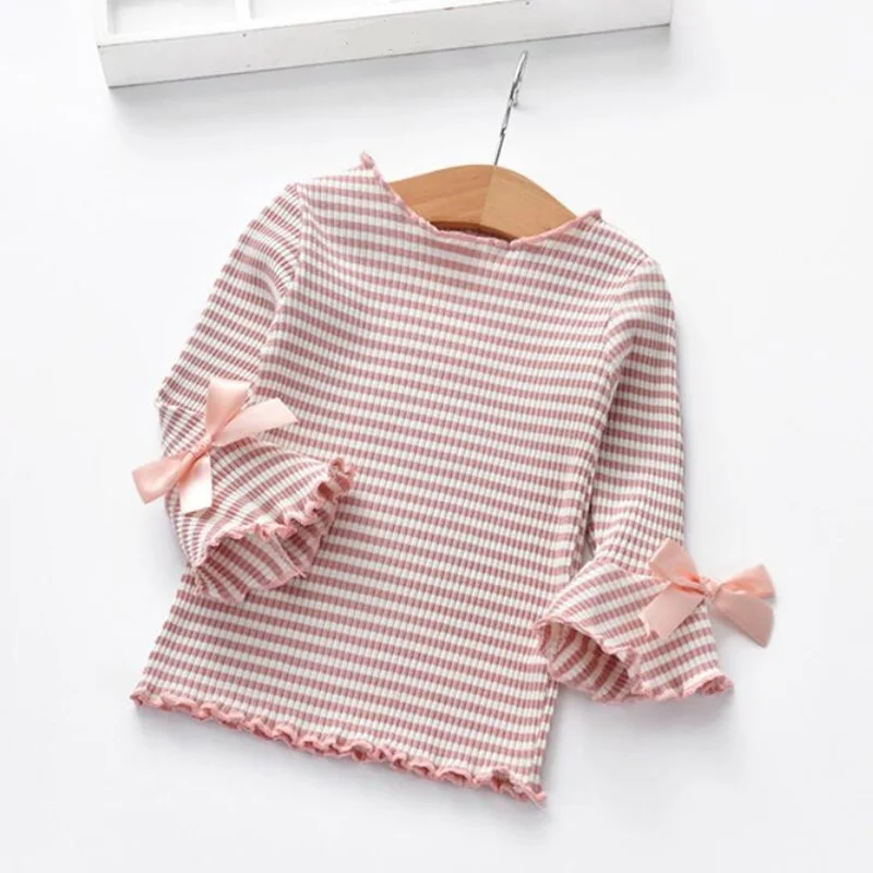 pink girls shirts Girl Striped Bow Blouse Cotton T-Shirt Kids Shirts Baby Toddler Long Sleeve Shirt School Girls T Shirt Tops Tee Children Clothes - Цвет: pink girls shirts