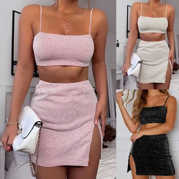 

2 piece set women Vest +Mini Skirt Solid Shining Sleeveless Vest Fork Opening Skirt Fashion two piece set спортивный костюм женс