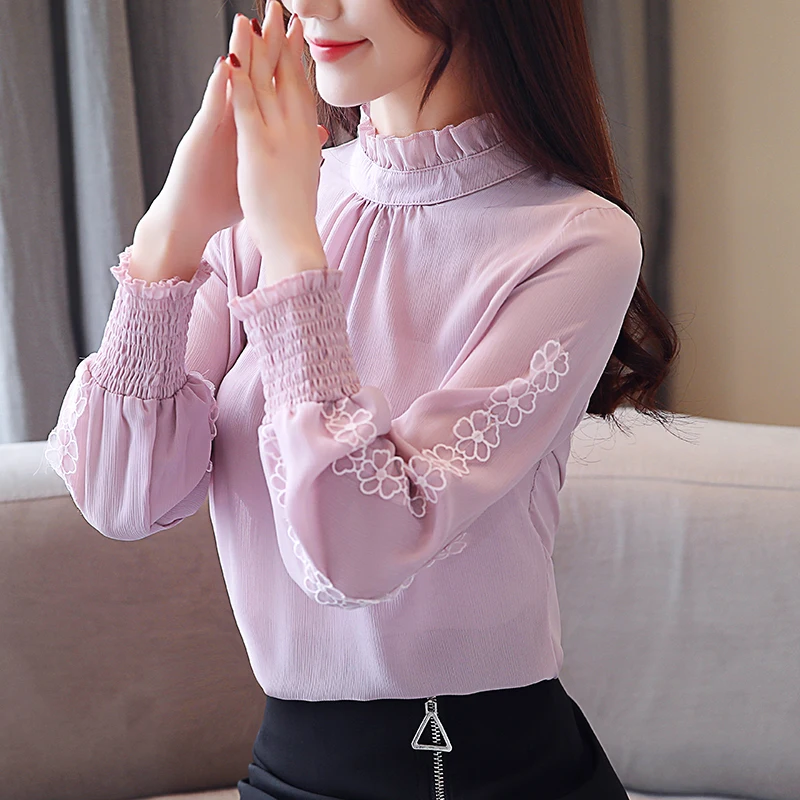 Модные женские блузки 2019 однотонная шифоновая блузка рубашка с длинным рукавом