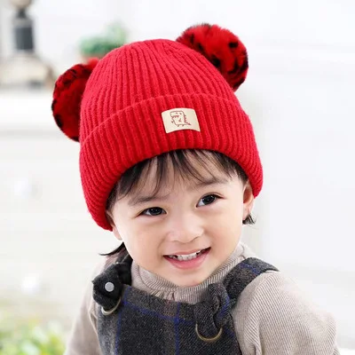 Red Children's double ball wool hat autumn winter boy and girl baby headgear Children's cartoon thick double layer warm hat beanies - Color: Red