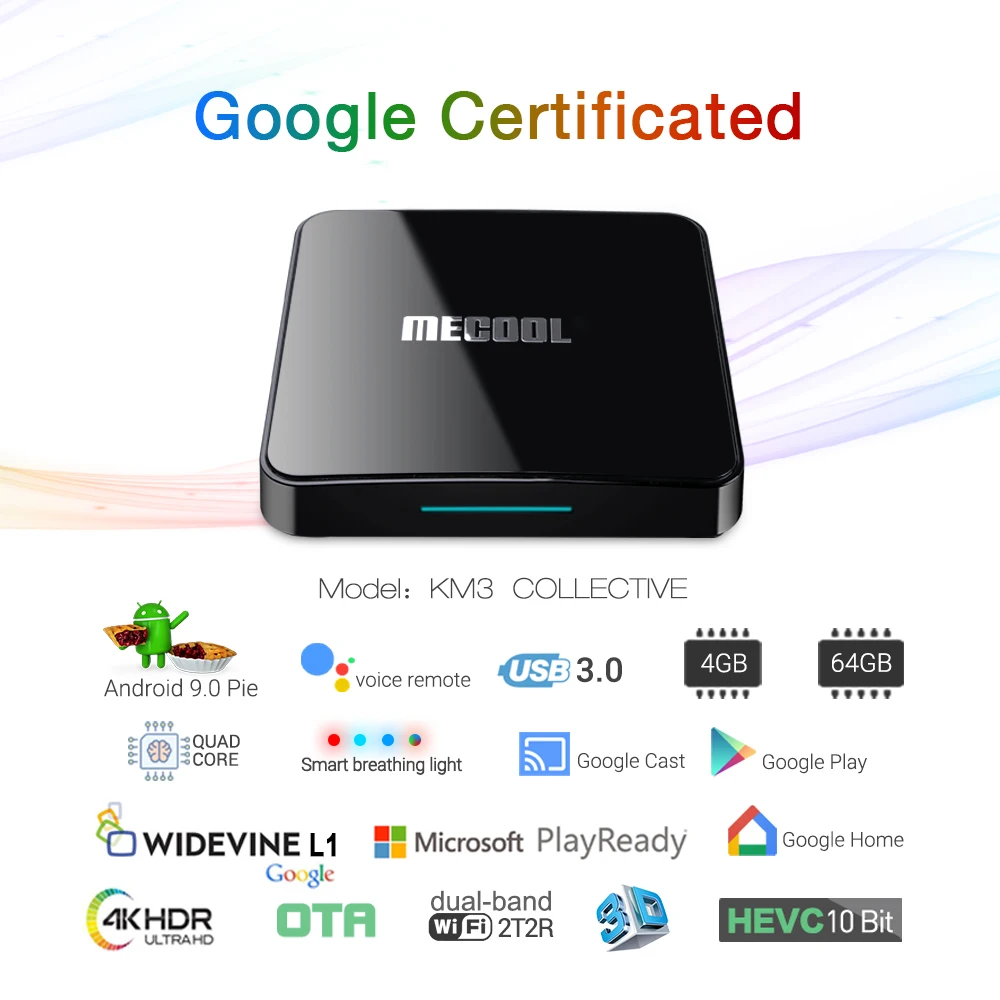 MECOOL KM3 Android 9,0 tv Box Google Certified 4GB DRR4 64 GB/128 GB eMMC Smart tv BOX Amlogic S905X2 4K 2,4G/5G Dual Wifi BT4.0