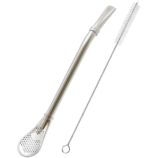 Stainless Steel Straw Spoon with Filter,Yerba Mate Bombilla,Long Handle Tea  Strainer with Cleaning Brush