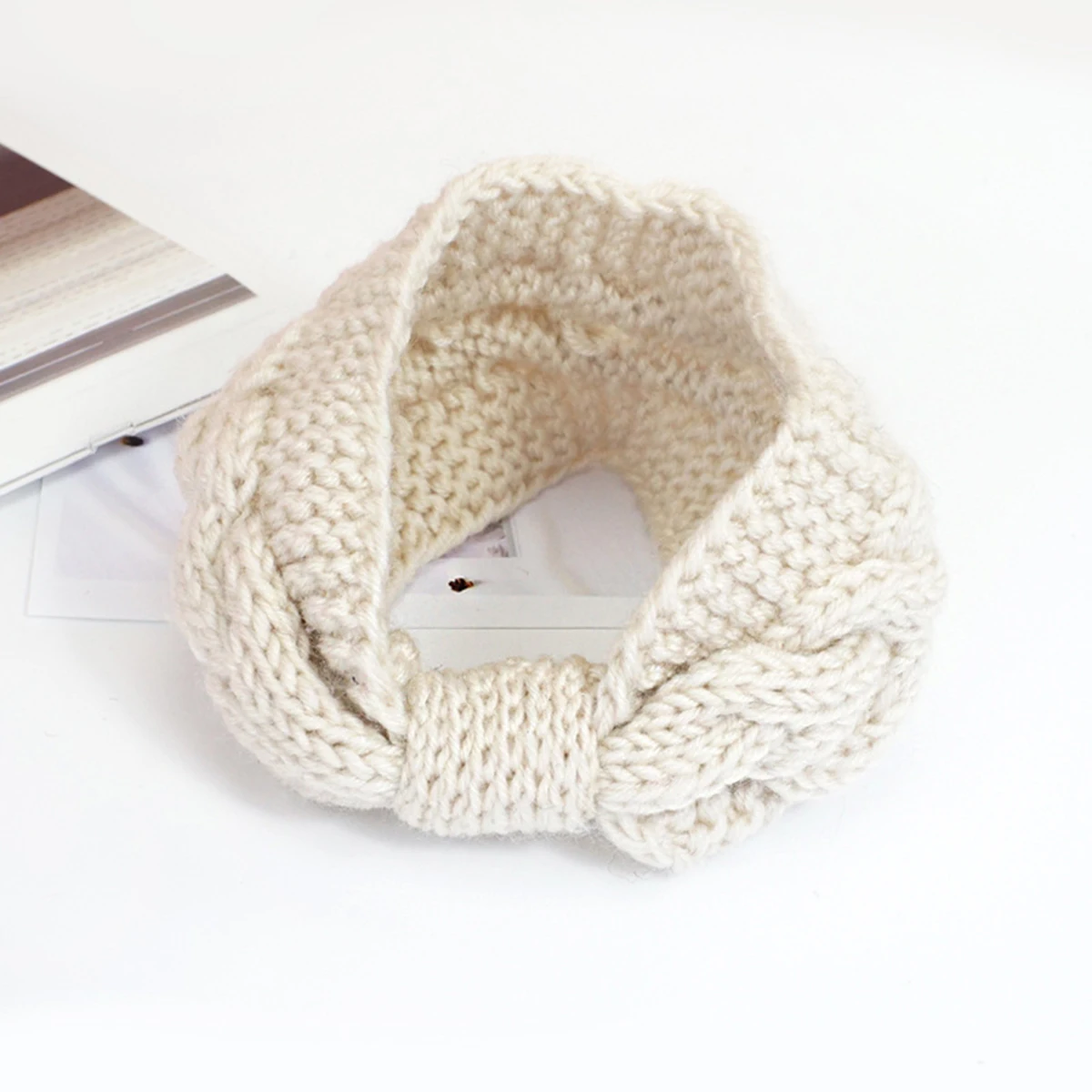 Бежевый Fashion Ladies Winter Hat Wool Knit Hat With Hair Accessories Headband Hood beanie Fixed Warm Earmuffs Outdoor Leisure Hats - Цвет: Бежевый