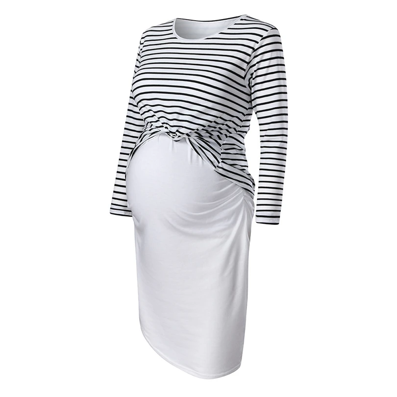 

Ladies Maternity Irregular Fake Two Piece Dress Long Sleeve Stripe Patchwork Autumn Comfy O-Neck Sexy Slim Pregnancy Dresses A30