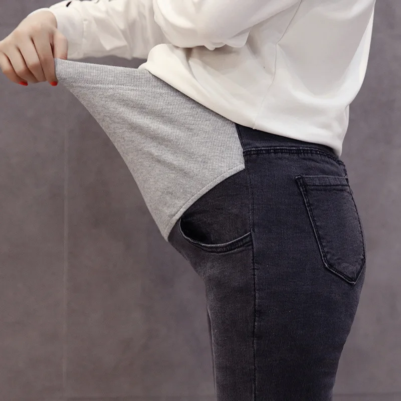 Grey High Waist Эластичные Брюки для беременных размера плюс, поддерживающие живот, регулируемые ковбойские брюки, Одежда для беременных, женские джинсы - Цвет: Grey High Waist