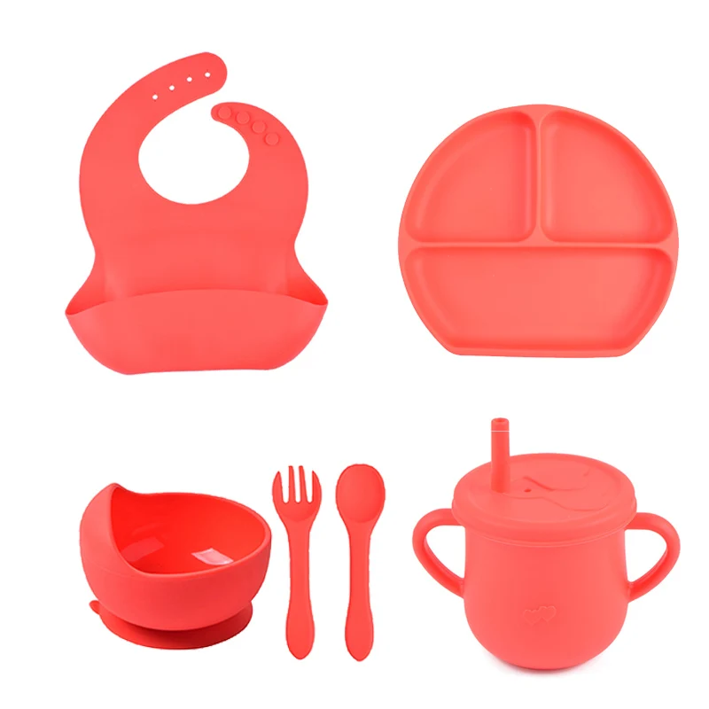 6PCS/Set Baby Silicone Tableware Cup  Bowl Plate/Tray Bibs Spoon Fork Sets Children Non-slip Feeding BPA Free Dinnerware Dinner