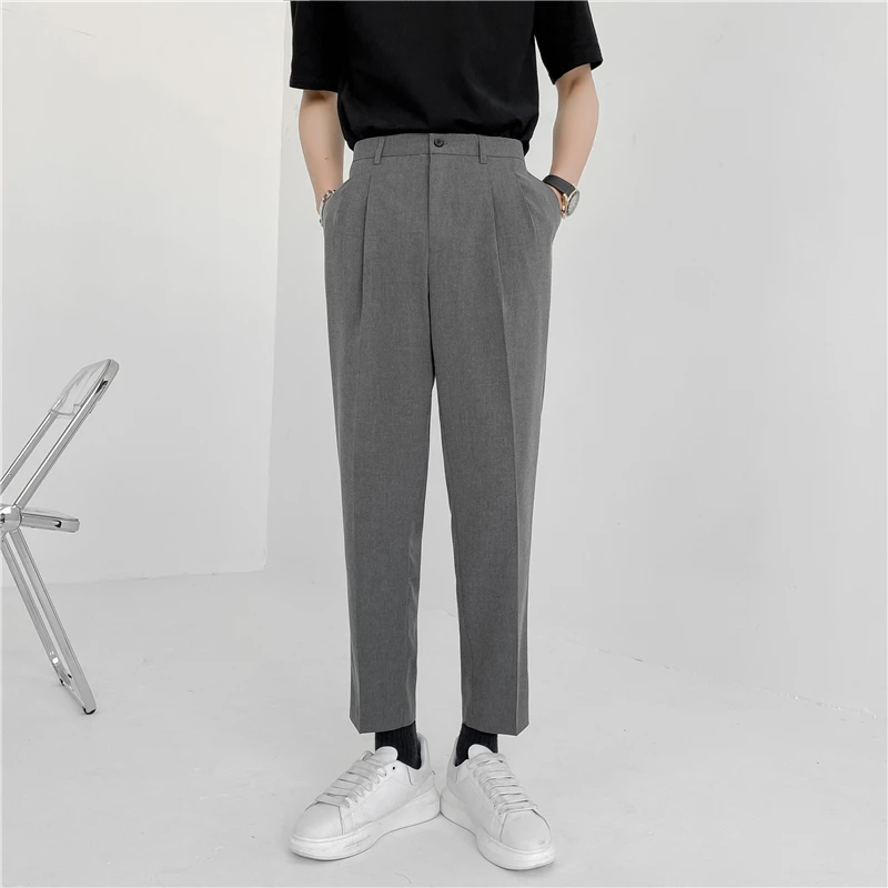 Men dress pants: summer fashion men's pants elastic waist ankle length casual suit pant Korean style regular fit solid luxury trousers beige blue