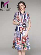 

Summer Vintage Floral Print Boho Midi Dress Female's Turn Down Collar Short Sleeve Bow Tie Sashes 2022 Runway Party Dress M67394