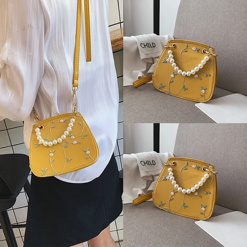 

2019 Vintage Yellow Bag Embroidery Flowers Pearl Crossbody Bags For Wild Single Shoulder Small Square Messenger Womens Handbags