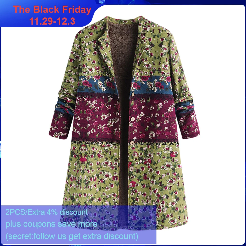 Зимнее женское пальто, теплая верхняя одежда, пуговица, цветочный принт, карман, винтажное шерстяное пальто большого размера, плюс размер, 5xl, манто, femme hiver