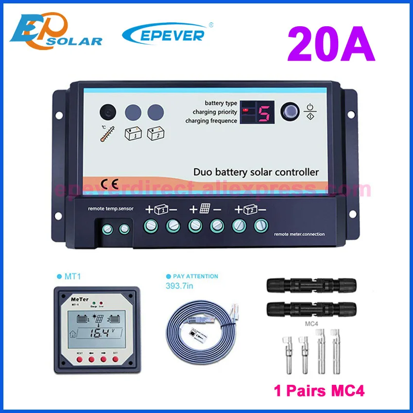 

EPever PWM DB-20A Dual Battery Solar Charge Controller 12V 24V Auto Remote Meter MT-1 and MC4 Regulators For Two Solar System