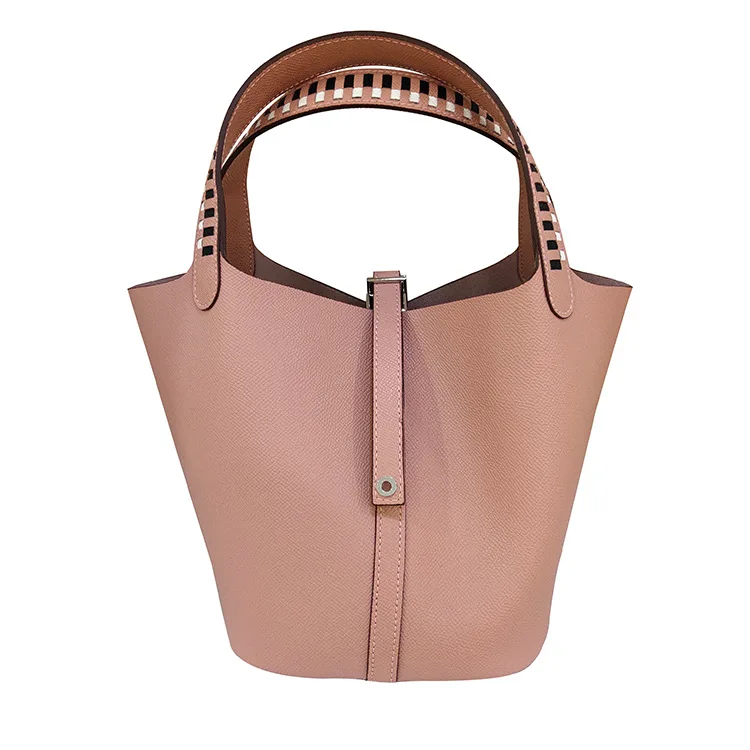 Leather Handbag Joker Color Matching Large Capacity Basket Package Cowhide Leather Bucket Litchi Grain Bucket Female Bag - Цвет: 05