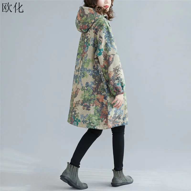 Женские куртки с капюшоном, пальто размера плюс 4XL 5XL 6XL, винтажное пальто на молнии из хлопка и льна с художественным принтом, зимнее пальто большого размера, свободное бархатное пальто