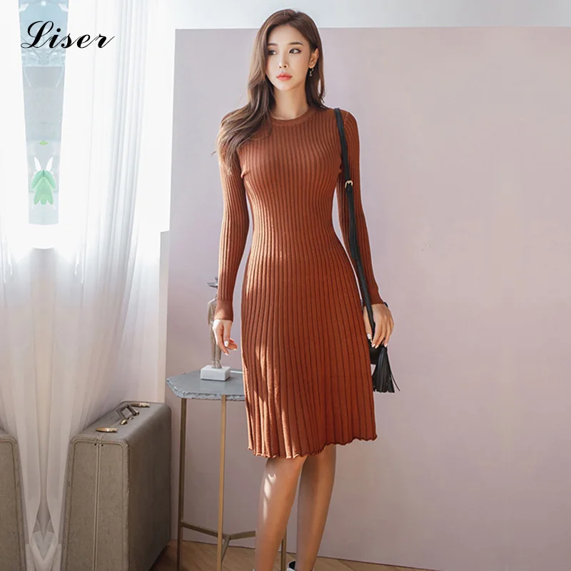 Women Dress 2019 Knit Long Sleeve Solid Sweater Knitted Dresses Elegant Warm Knee Length Brown Fall Winter Korean A Line Pleated | Женская