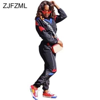 

Contrast Color Spliced Two Piece Set Women Clothes Front Zipper Long Sleeve Crop Top+High Waist Long Pant Sportswear Tracksuit