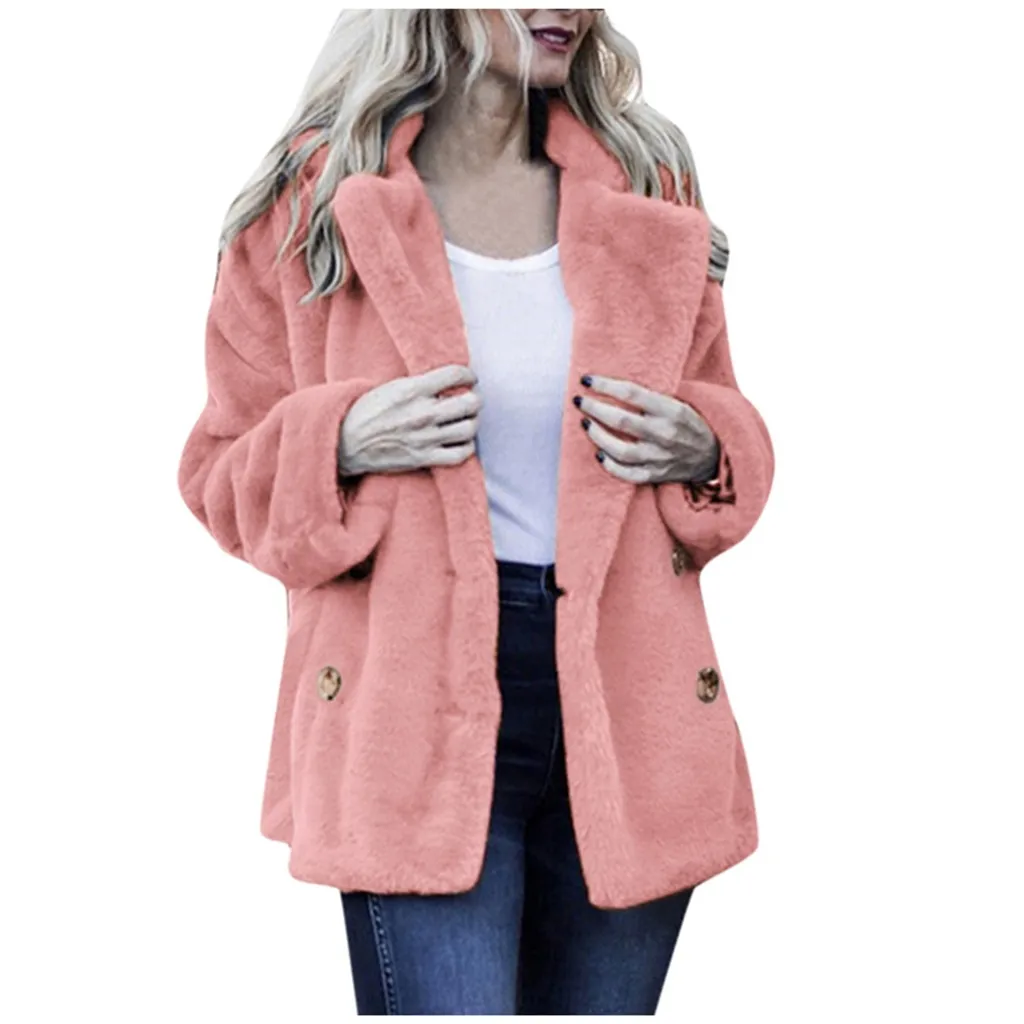Осеннее зимнее женское пальто повседневное свободное одноцветное длинное плюшевое пальто женское винтажное размера плюс толстые куртки из искусственного меха пальто белое#3 - Цвет: Pink
