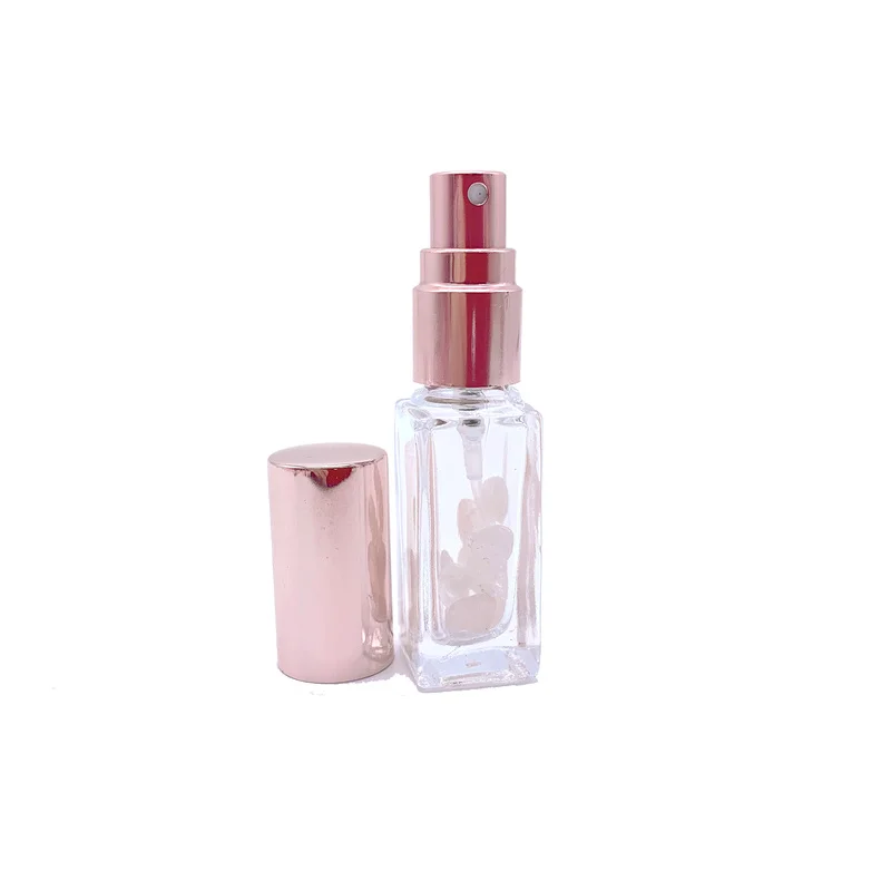 Rose Crystal Perfume Atomizer Pink Quartz Spray Bottle 5 ml 10 ml Pink Vial Refillable Sprayer with Rose Golden Lids 10pcs P273-2