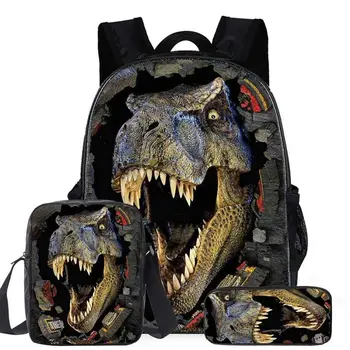 

Cool T-rex Dinosaur School Bags For boys Set 3Pcs Large Canvas Backpack Teen Boys Students Mochila with Lunch Box Pen Case