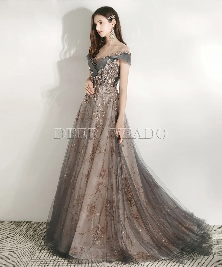 DEERVEADO MFY102 Luxury Appliques Prom Dresses Long 2020 Cap Sleeve Formal Party Dress Prom Gown with Train Robe De Soiree