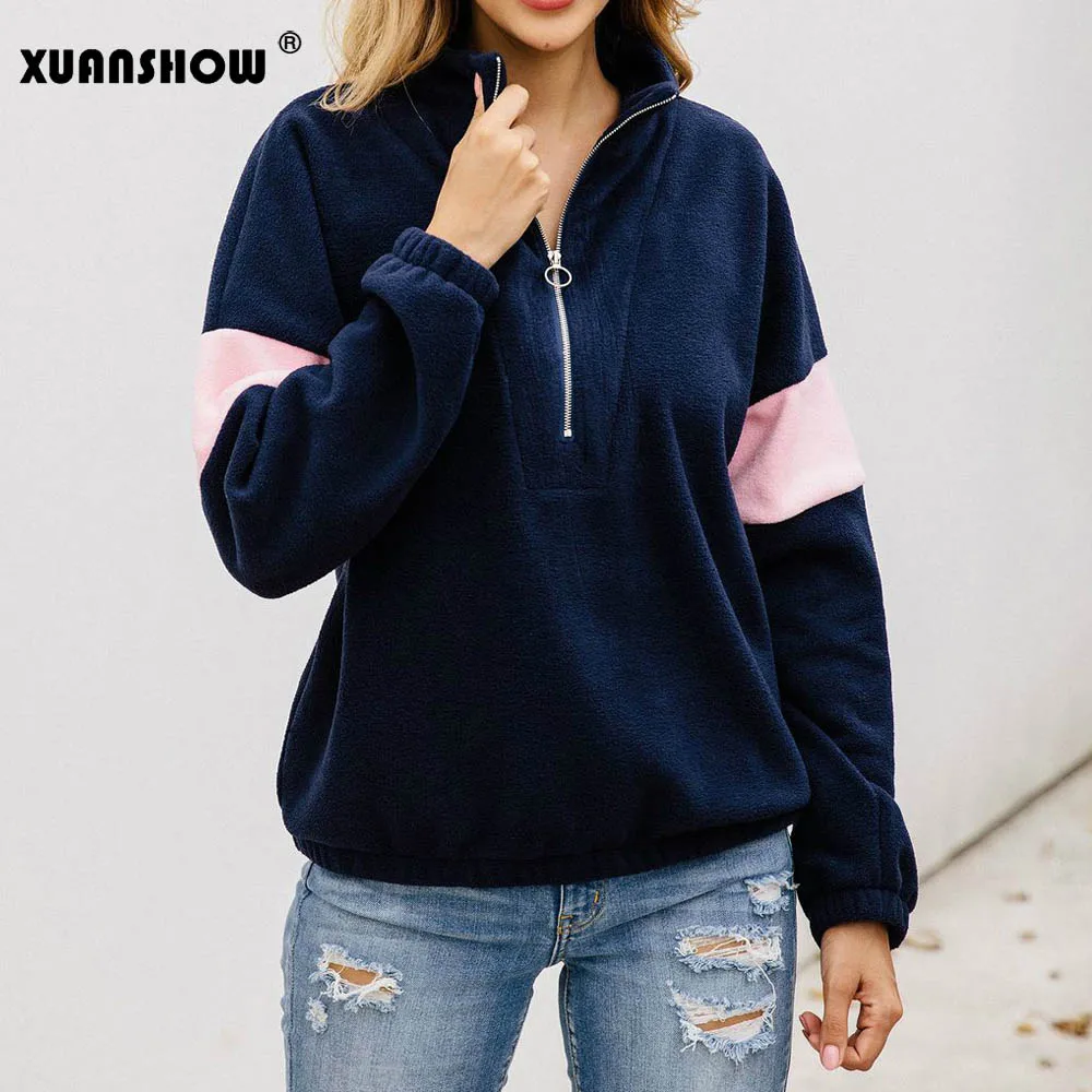 Navy Blue XUANSHOW зимние толстовки для женщин с длинным рукавом и стоячим воротником плюшевые флокированные женские толстовки на молнии Лоскутные пуловеры Mujer - Цвет: Navy Blue
