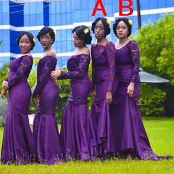 Элегантное темно-фиолетовое платье из атласа с длинным рукавом платье подружки невесты с юбкой-годе на молнии сзади 2020 кружевной топ