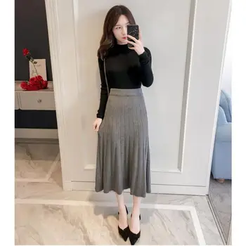 

Thicken Warm High Waist Knit Skirt Women 2019 Autumn Winter A Line Pleated Skirt Female Office Lady Midi Skirts