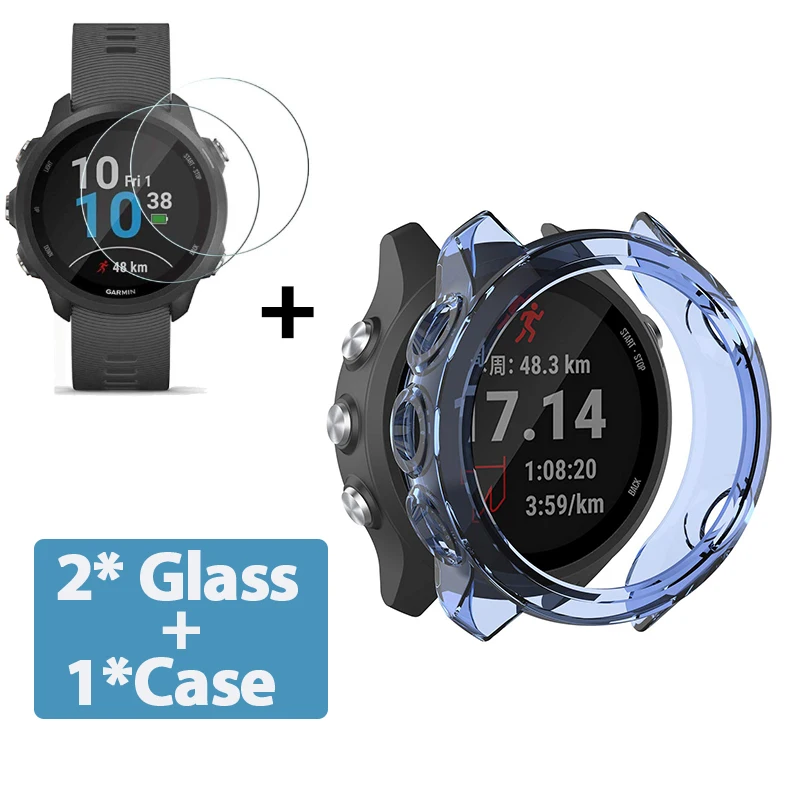 2-in-1 Protector Case + Screen Protector for Garmin Forerunner 245 245 Music Soft TPU Protective Cover Shell Tempered Glass Film 