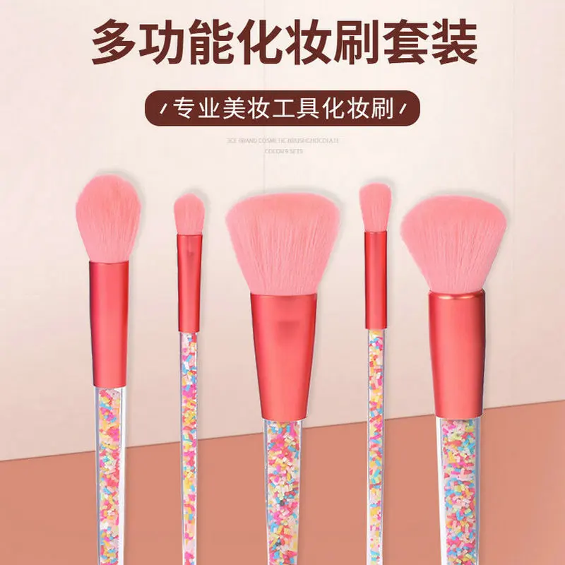 

5pcs Candy Makeup Brush Color Plastic Granule Transparent Handle Pink Beauty Tool Set Multi-function Beauty Makeup Brush
