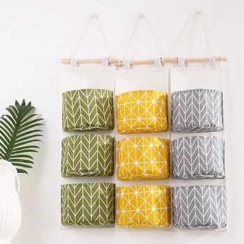 

Pattern Cotton Linen Hanging Storage Bag 3 Pockets Wall Mounted Wardrobe Hang Bag Wall Pouch Cosmetic Toys Organizer