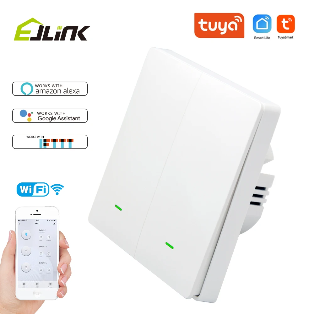 

EJLINK 2 Gang Tuya Smart Switch Wifi Remote APP Voice Control works with Alexa, Google Home Intelligent Wall Light Switch