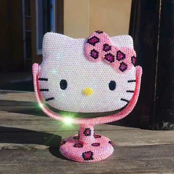 

Handmade Pink Leopard KT Rhinestone Mirror Helloo Kitty Decorative Mirrors Portable Table Kawaii Makeup Decor Cat Vanity Mirror