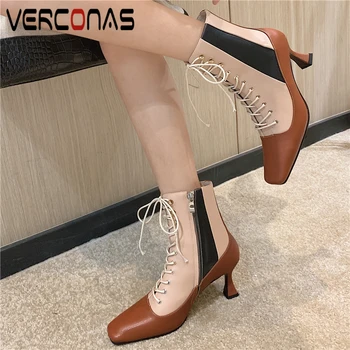 

VERCONAS Mixed Colors Ankle Boots For Women Autumn Winter High Heels Shoes Woman Side Zipper Office Lady Cross-Tied Basic Boots