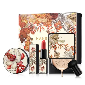 

4pcs Makeup Set Loose Powder Air Cushion Foundation Cream Matte Lipstick Mushroom Head Powder Puff Cosmetic Kit