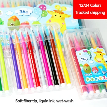 

Watercolor pens set 12 / 24 colors Paint graffiti markers Journal colored brush Liquid-Ink 30mm Round Toe Soft fiber tip
