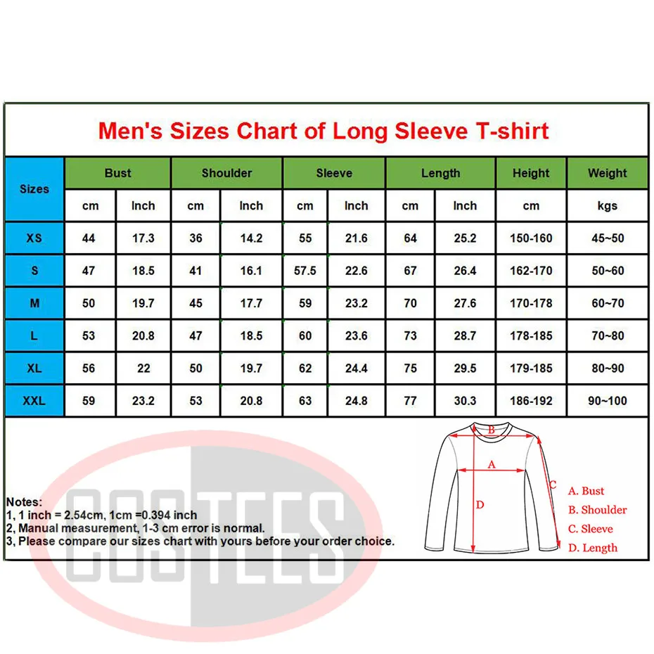 details of mens size chart long sleeve
