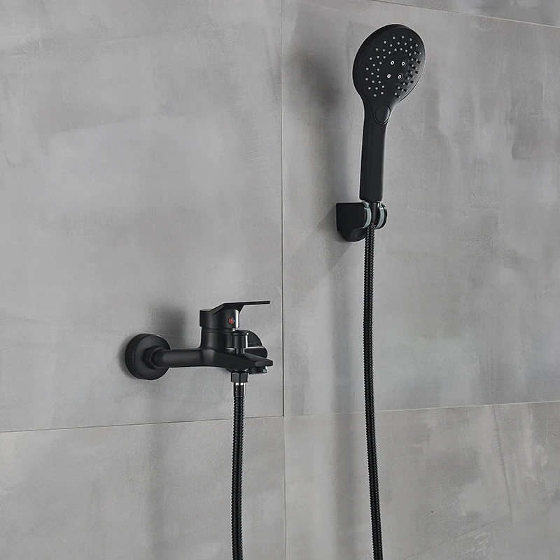 Black Bathroom Bathtub Faucet Hot Cold Water Mixer Tap Wall Mount Faucet With Handheld Shower Bathtub Outlet 4