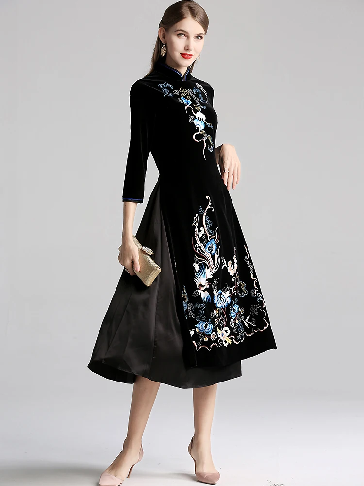 Женское осеннее длинное бархатное платье Cheongsam Осень китайский стиль Цветочная вышивка стоячий воротник повседневное винтажное платье миди