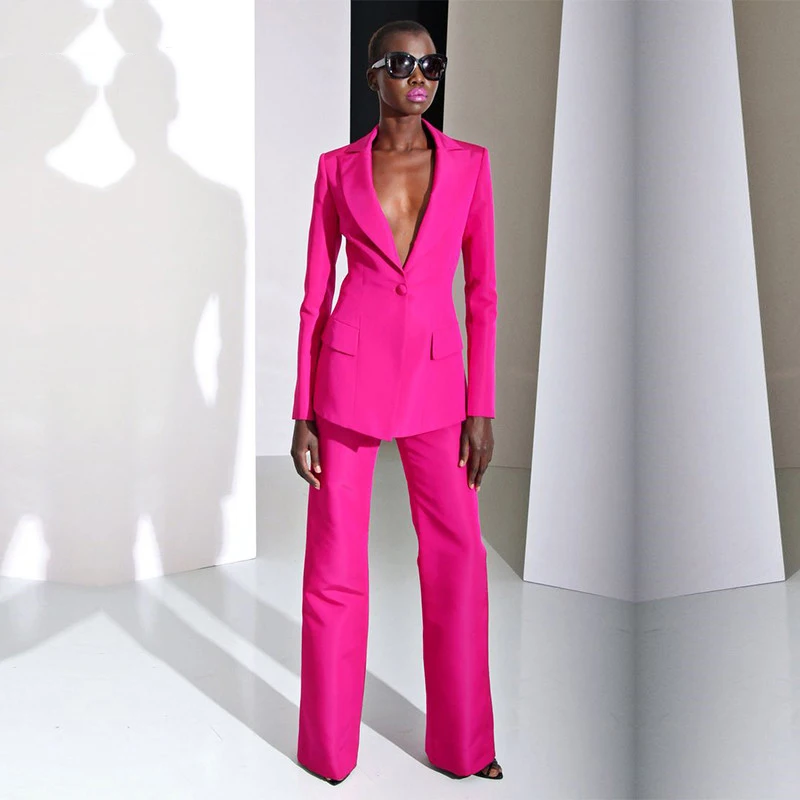 

Fashion New 2019 Spring Fuchsia Formal Pant Suits for Weddings Women Sets Business Suits Female Trouser Suits Women Clothing