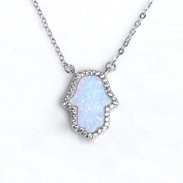 White Opal Искусственный опал рука Фатимы Шарм Подлинная 925 пробы серебряный кулон цепочки и ожерелья Ювелирное Украшение, длинная цепочка KLTN022 - Окраска металла: White Opal