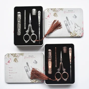

1 Set Retro Vintage Scissors Awl Threader Thimble Iron Box Cross Stitch Scissors Sewing Scissors Embroidery Scissors Thread Tool