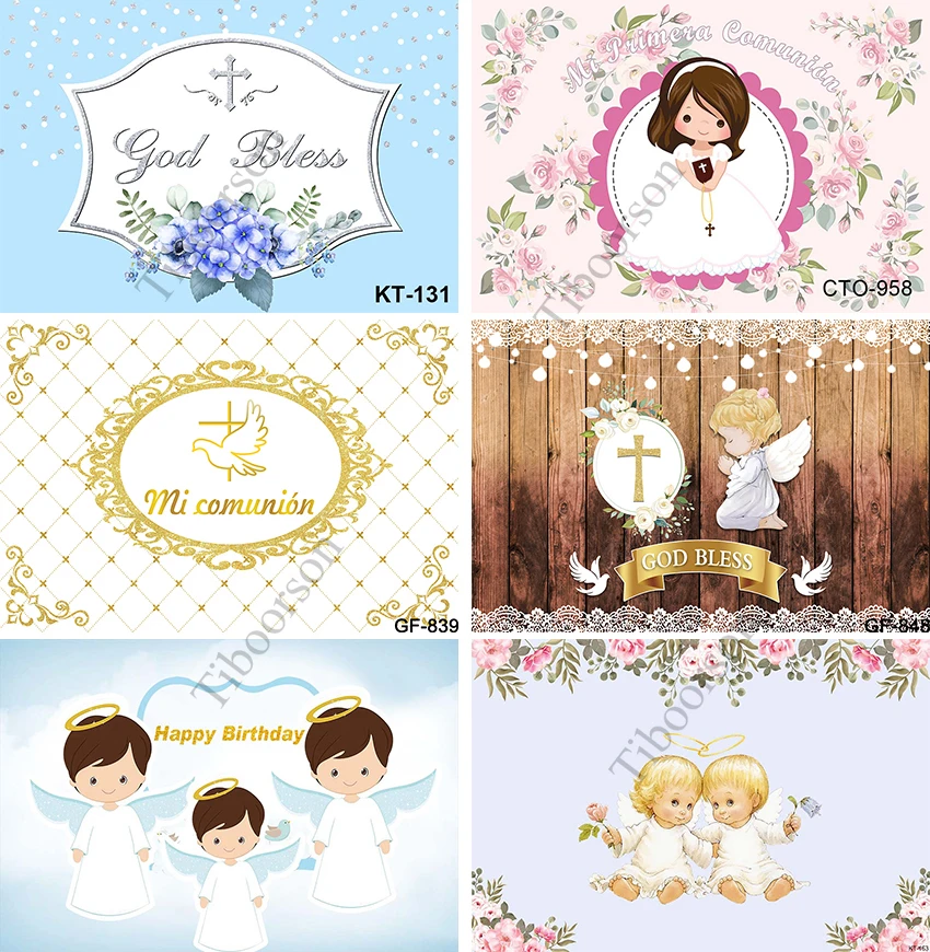 

Newborn Baby Baptism Backdrops Decor God Bless Green Leaves Golden First Holy Communion Photo Background Banner Collection