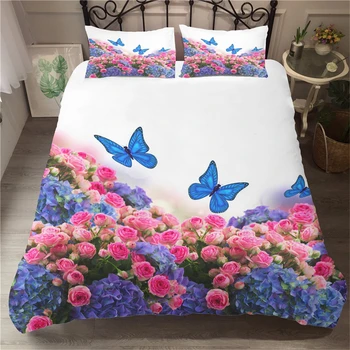 

2/3 Piece Custom Butterfly Bedding Girls Home Bed Cover Flower Printing Full Queen King Double Size Bed Linen Set Gift for Kids