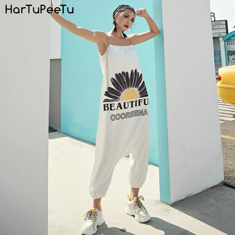 Women Juniors Sleeveless Backless Harem Rompers Jumpers Jumpsuits Summer with Metal Chain Shoulder Strap Streetwear Daisy Print