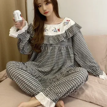 

Plaid Pajamas Set Ladies Korean Sweet Princess Cute Cotton Pajamas Full Sleeve Autumn 2-piece Home Service One Size for Women