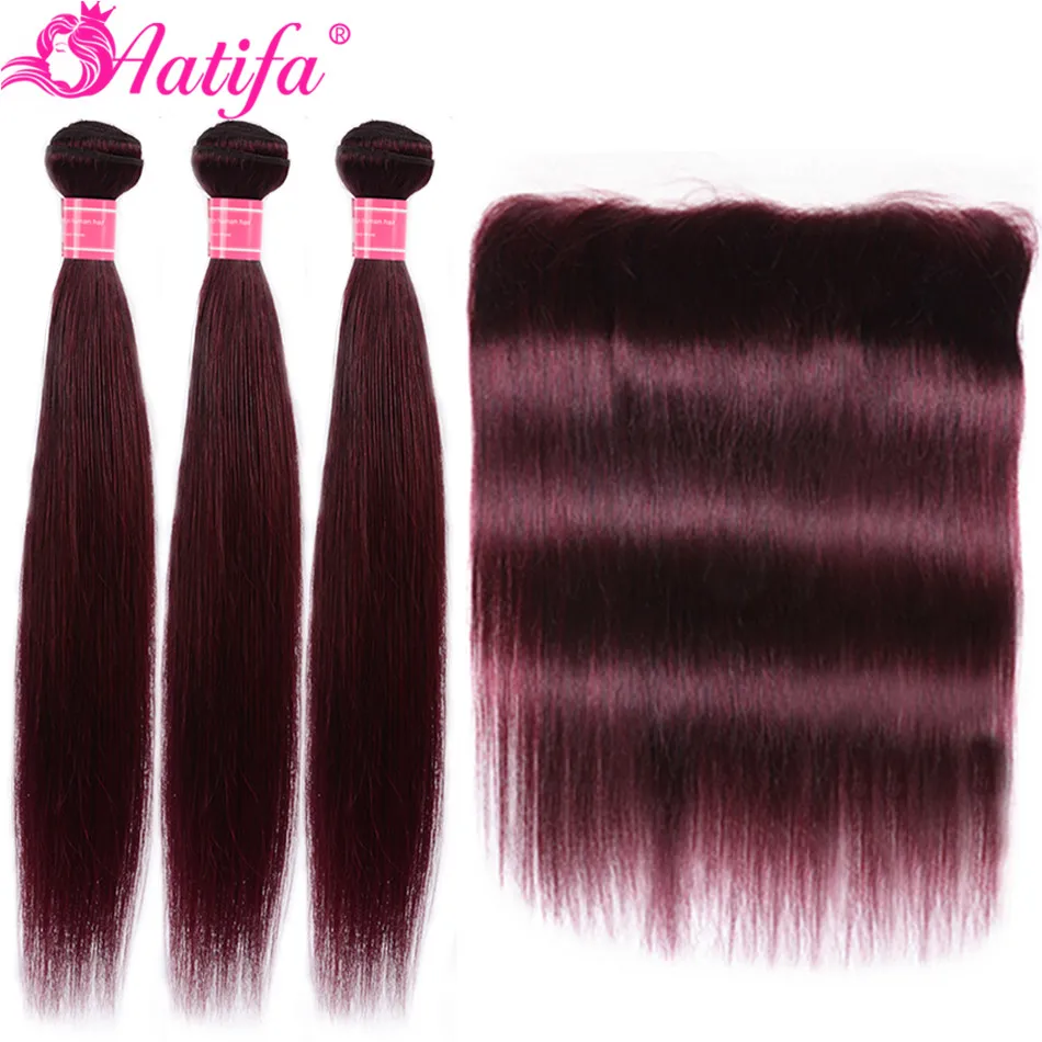 

Aatifa Pre-colored Brazilian Straight Hair Bundles With Frontal Remy Human Hair 3 Bundles With Closure 13*4 color #99j/ #red