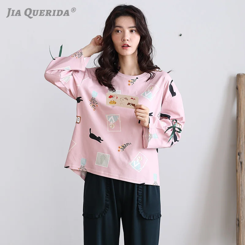 

Smart Casual Pajamas for Women 100% Cotton Woman Home Clothes Chic Printing Bow Sleeves Pleated Trim Pockets Womens Pajama Set