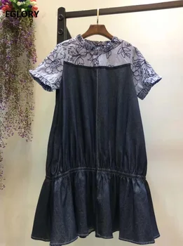 

High Quality Denim Dress 2020 Spring Summer Style Women Appliques Embroidery Patchwork Short Sleeve Casual Blue Jeans Dress Girl