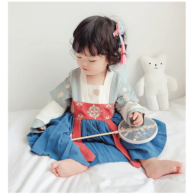 baby Blue dress Платье для малышей с вышивкой в китайском стиле; костюм для маленьких девочек с изображением сада природы; платье в деревенском стиле; детская одежда для костюмированной вечеринки; Китайская одежда; vestido - Цвет: baby Blue dress