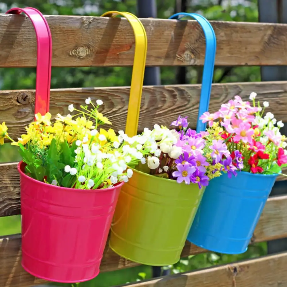 Flower Pot Plant Hanger Hanging Basket Organizer Wall Hanging Flower Pots Metal Fence Hanging Plant Pots Iron Garden Planter Tin Bucket Holder Basket Home Garden