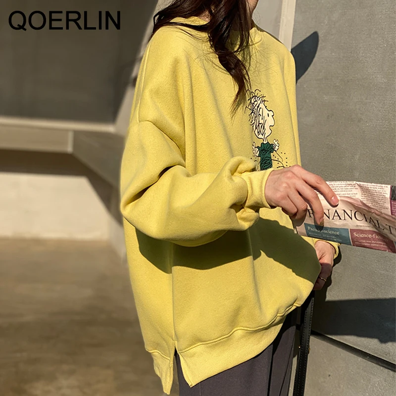 QOERLIN Women's Oversize Sweatshirts Korean Cartoon Print O-Neck Loose Sweatshirt Female Pullovers Apricot Casual Split Pulls
